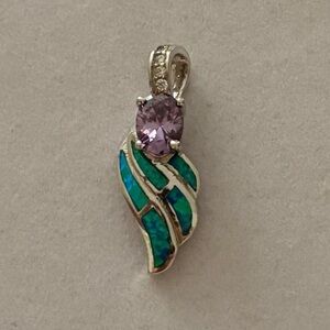 925 Sterling Silver Blue Imitation Opal & Purple Gem Angel Wing Necklace Pendant